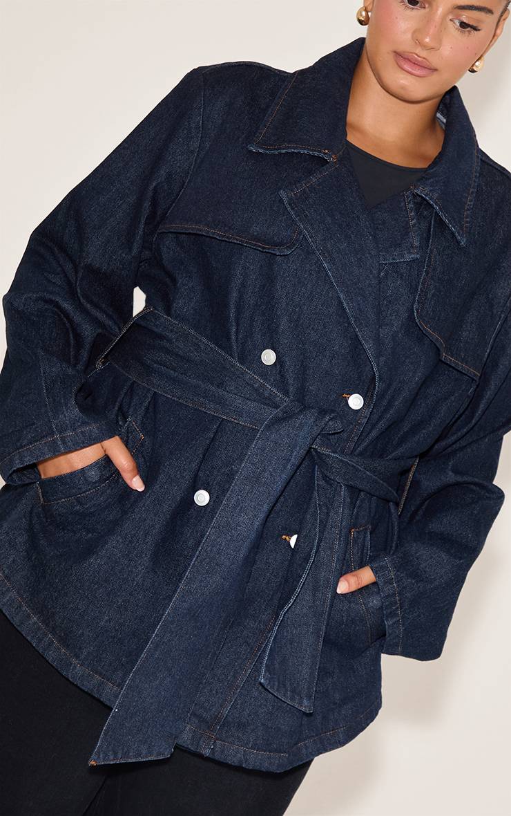 Bleu Indigo Trench En Denim Ceinturé Court Grande Taille