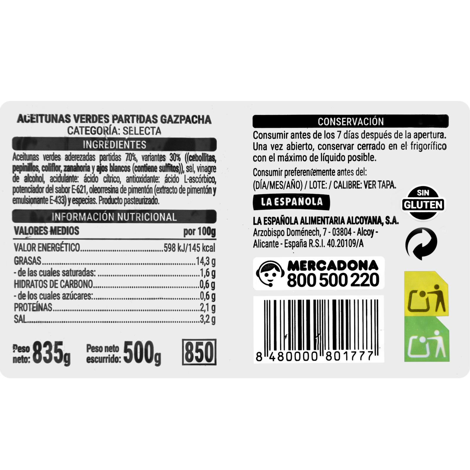 Olives vertes Gaspacha Hacendado fendues