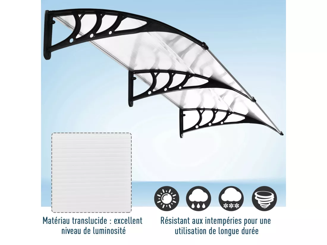 Auvent marquise de porte design voûté arrondi dim. 195L x 80l x 23H cm polycarbonate plastique noir