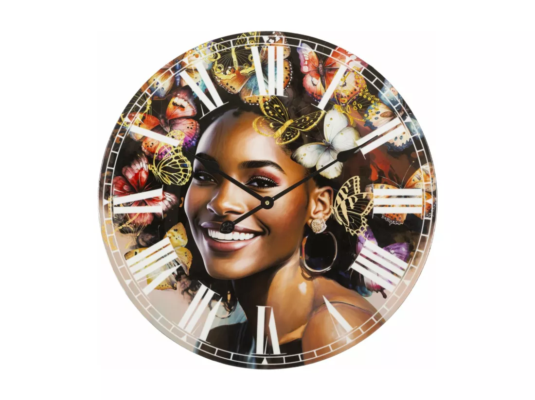 Horloge Murale kourt - Illustration Féminine avec Papillons Colorés, Ø 60 x 4,5 cm