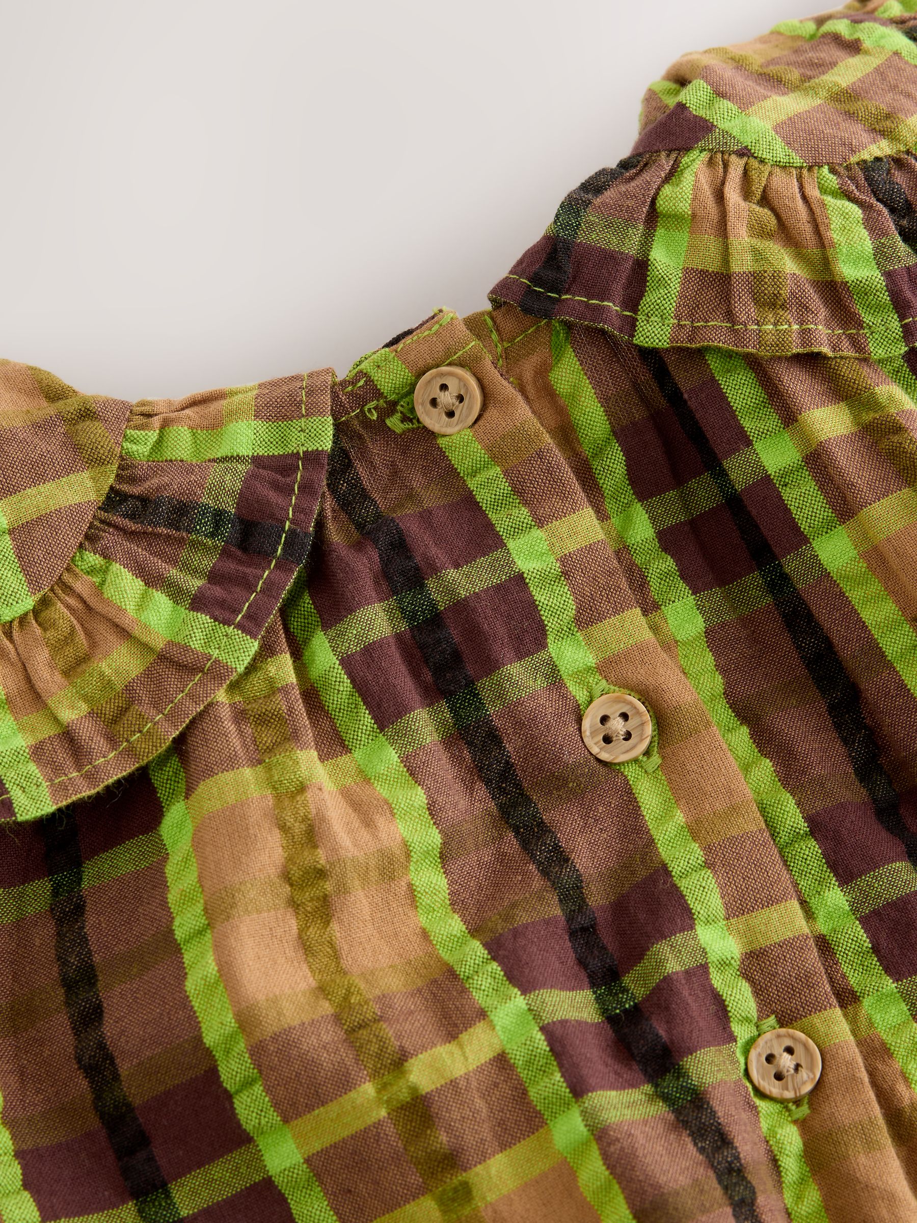 Chocolate/Lime Check - Frill Collar Long Sleeve Dress (3mths-8yrs)