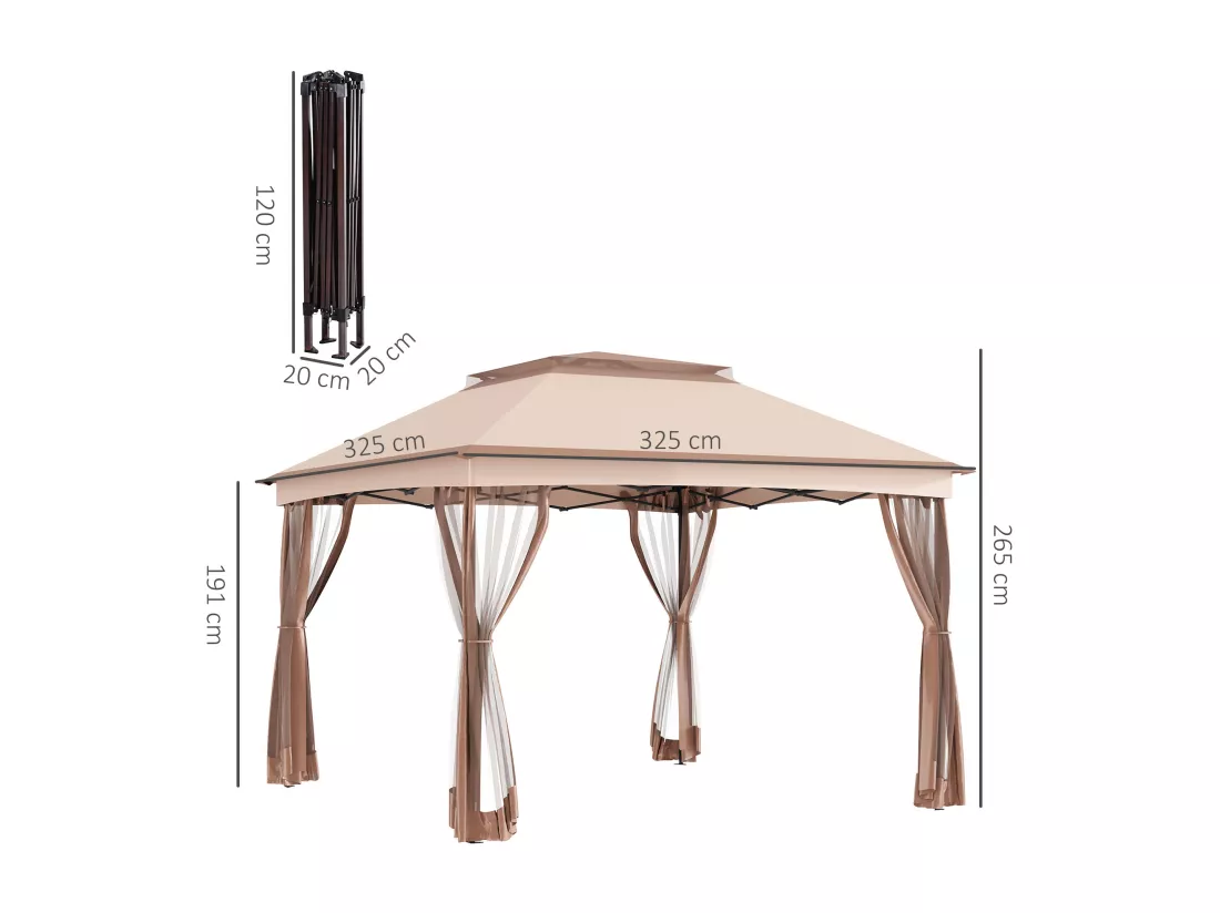 Tonnelle barnum de jardin pop-up pliant 3,25L x 3,25l x 2,65H m acier polyester moustiquaires + sac de transport café