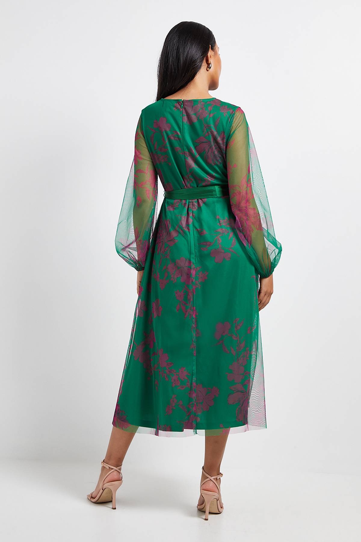 Wallis Robe Midi Petite en Mesh Floral avec Ceinture en Satin