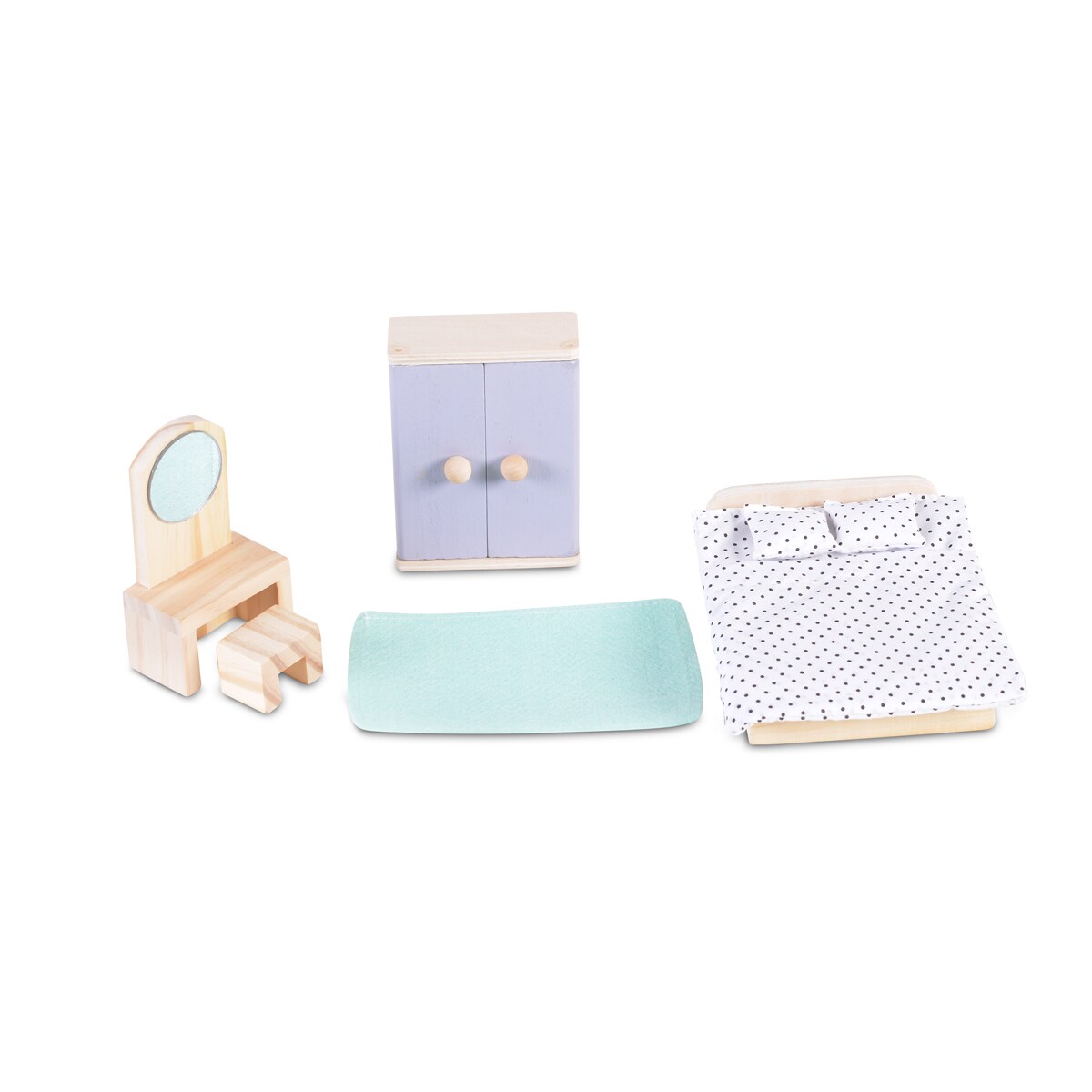 Moni Holz-Puppenmöbel Schlafzimmer 4012 Bett Schrank Schminktisch Stuhl Zubehör bunt