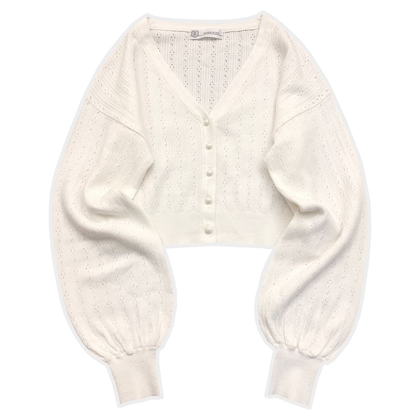 Glotto - V-hals effen pointelle gebreide cropped cardigan