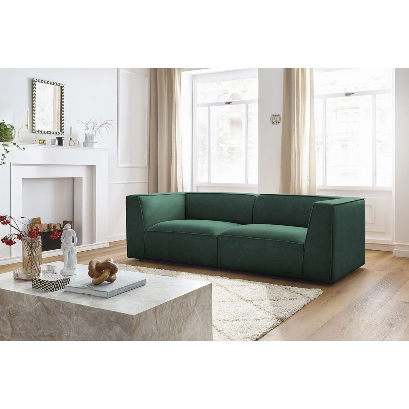 Bobochic Canapé droit fixe 3 places en Velours Molière vert - 233x99x71 cm