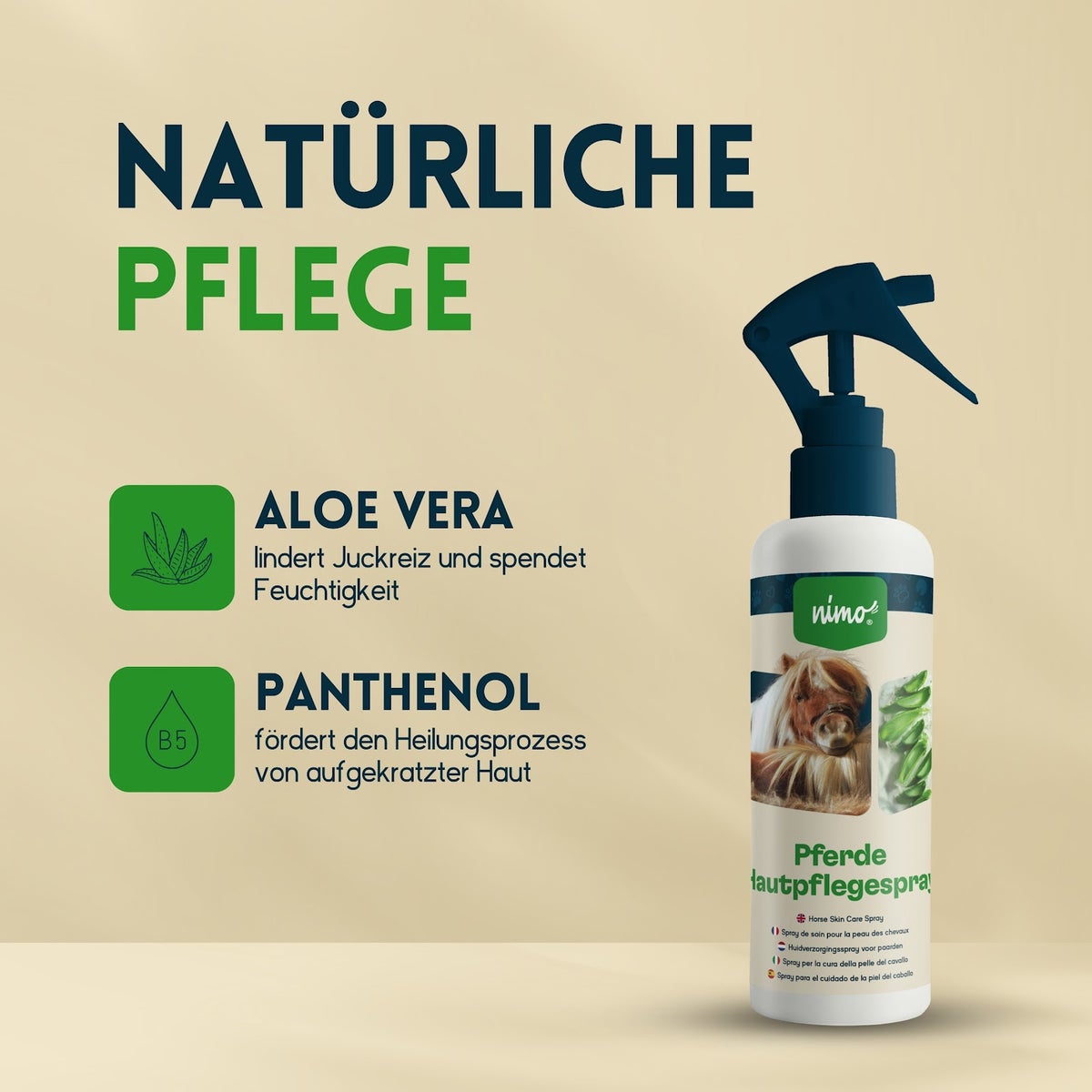 nimo® Paardenhuidverzorgingsspray • met Aloë Vera en Panthenol tegen jeuk en geïrriteerde huid