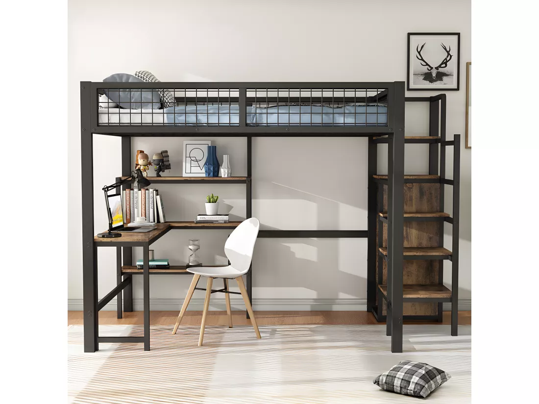 Lit superposé Lit 140x200 cm Lit jeune en fer ave table basse plusieurs étagères armoire encastrée noir