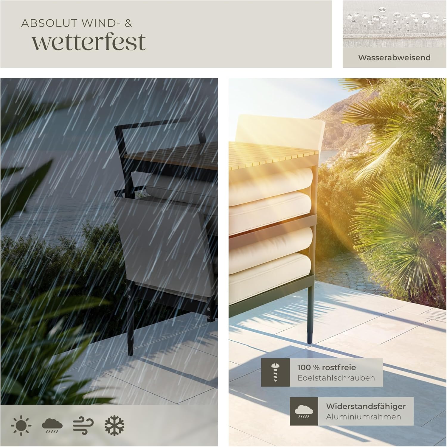 tectake® 5-in-1 Gartenlounge Set, Gartenmöbel mit Outdoor Kissen wetterfest, Lounge Sessel, Liege oder Gartenbank, Balkontisch, Balkonmöbel Kleiner Balkon, Lounge Möbel Outdoor, Terrasse, Holz Optik