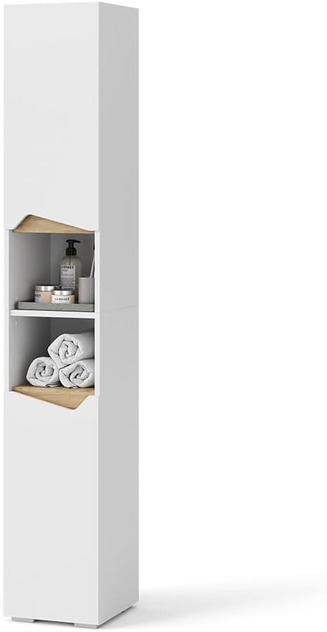 Vicco Badschrank Weiß Marelle 30x180x35 cm - Wäscheschrank, Grifflose Fronten für eine Moderne Optik