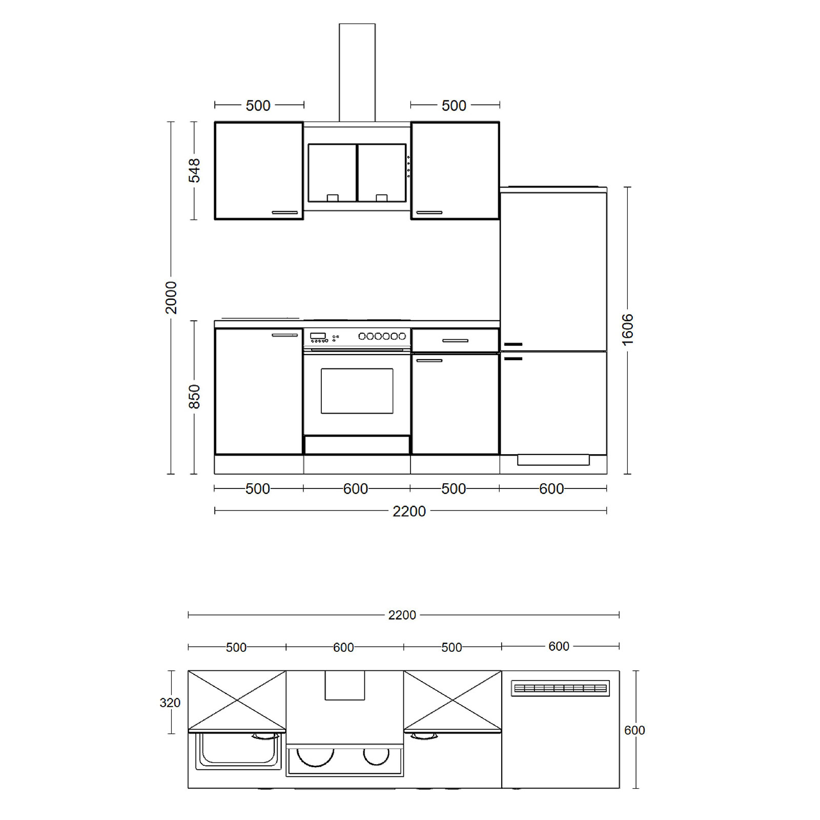 Küchenblock WITO - weiß - mit E-Geräten - 220 cm