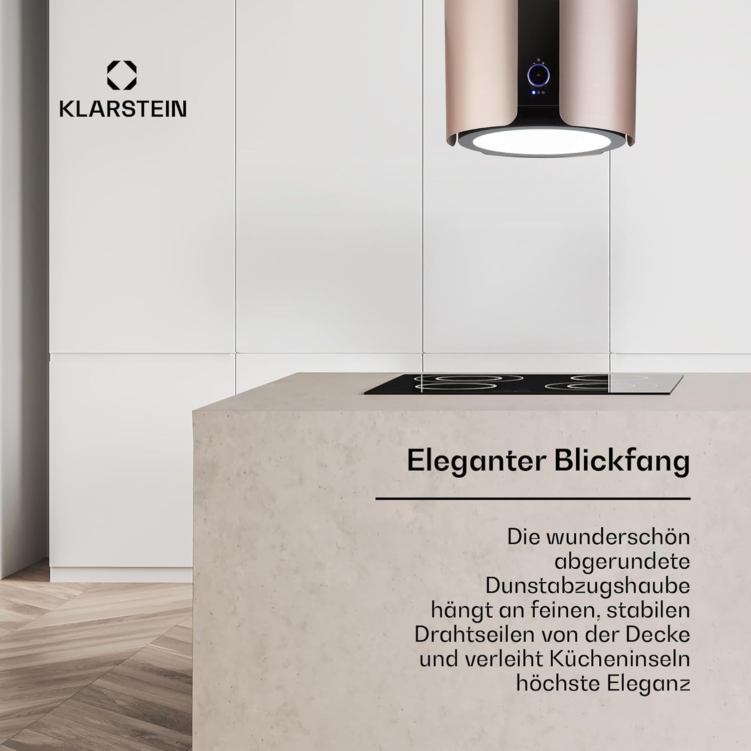 Klarstein Skyfall Smart Dunstabzugshaube - freihängede Abzugshaube, Dunstabzugshaube Umluft/Abluft, App- und Gestensteuerung, 45 x 42 cm (ØxB), 402 m³/h, 200 W, 3 Stufen, LED-Beleuchtung, gold