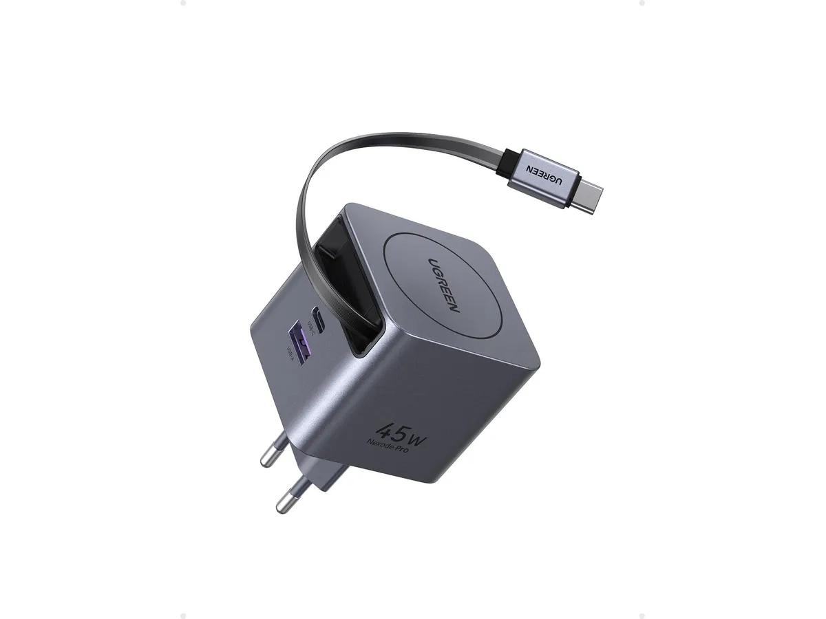 (45W) 3in1 USB C / USB A GaN Ladegerät Fast Charger GaNinfinity & Thermal Guard mit ausziehbarem USB C Ladekabel (65822) - Silber