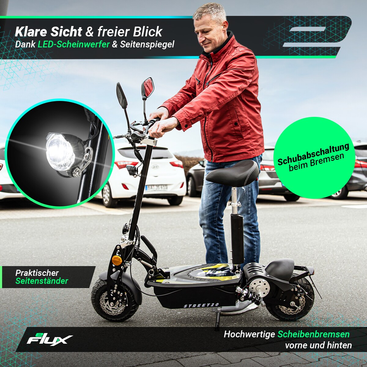 eFlux Street 20 E-Scooter mit Straßenzulassung, 20 km/h, 500 Watt, Elektroroller mit Sitz, klappbar (Schwarz)
