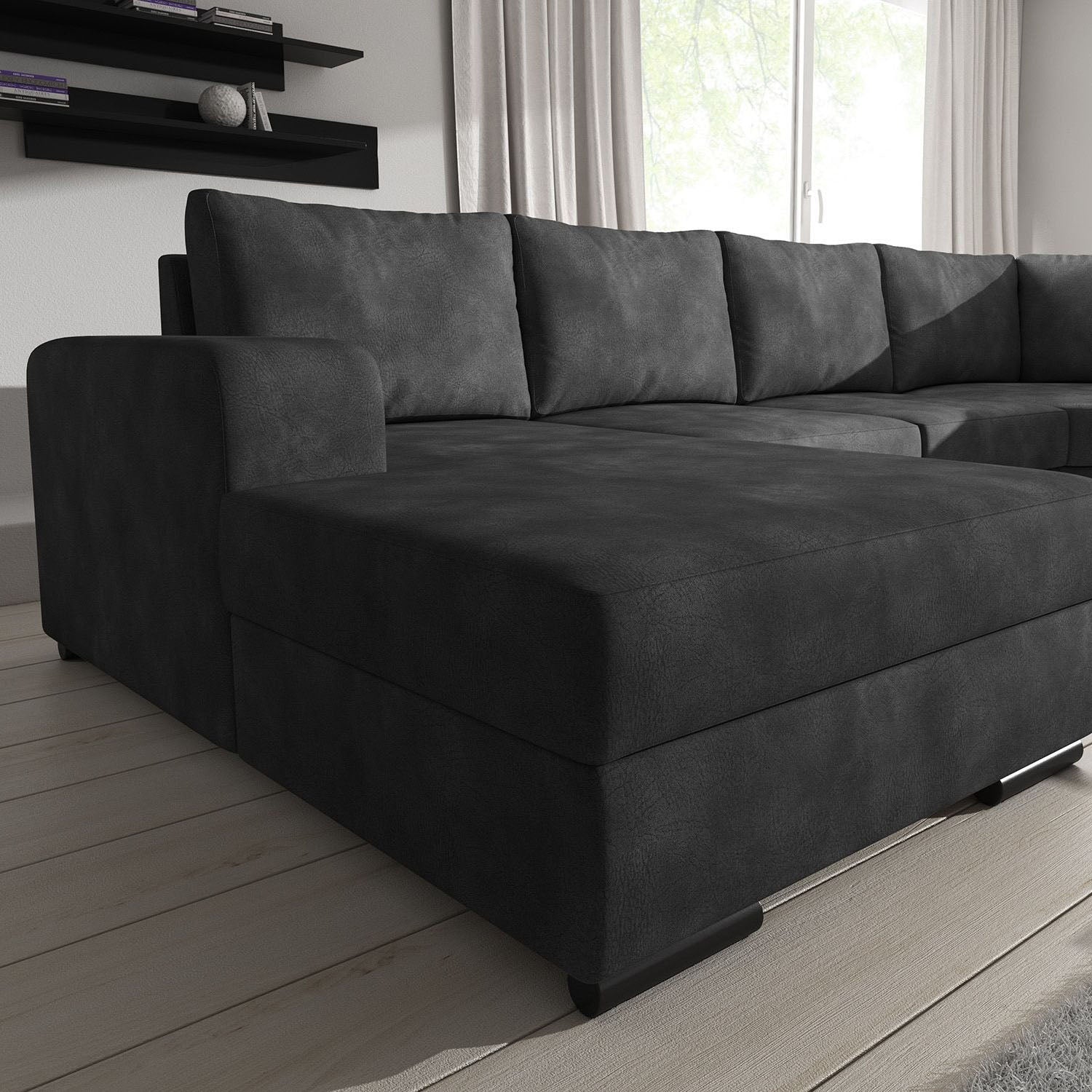 Adel - Hoekbank 5-zits met chaise longue - Kunstleer antraciet - Links