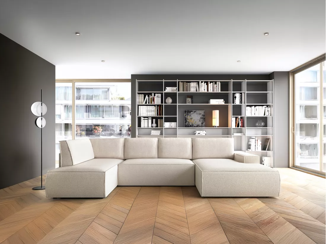 Grand canapé d'angle droit panoramique convertible en tissu texturé beige AMELIA