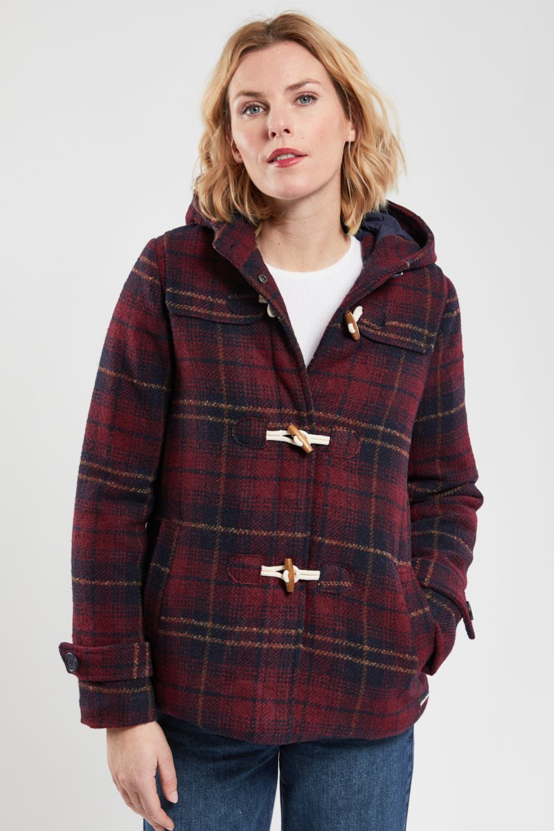 Duffle-coat court à carreaux - drap de laine