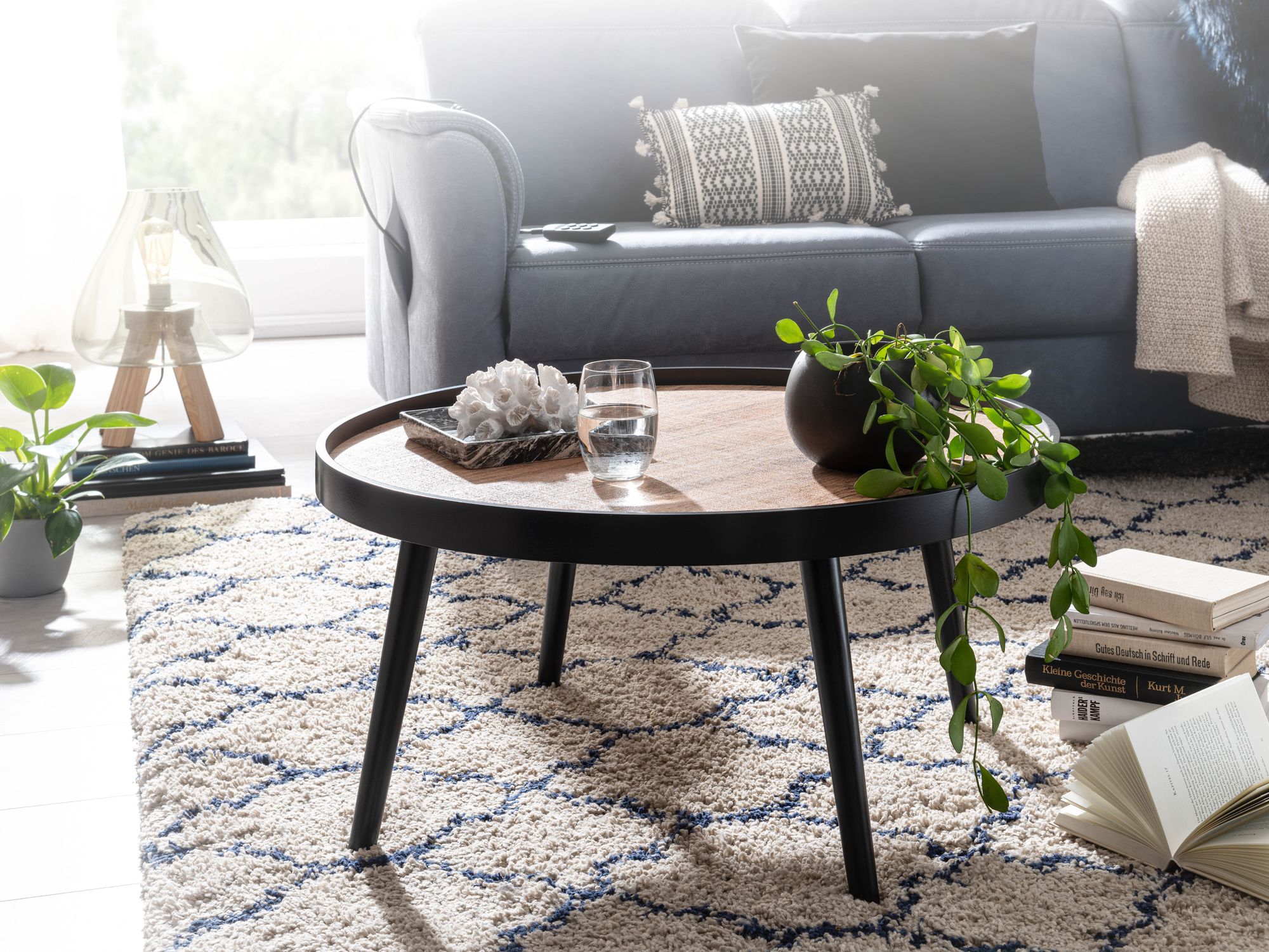 KADIMA DESIGN Couchtisch mit Ablagefläche in Holzoptik, Runder Tisch, Erhöhter Rand
