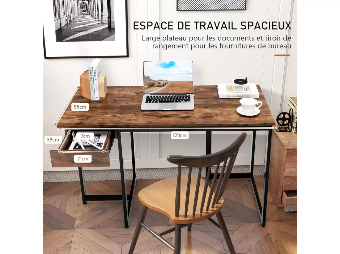 Bureau d'Ordinateur Industriel 120 x 55 cm, Table avec Tiroir, Design Élégant, Postes de Travail pour Bureau, Salon, Chambre, Facile à Assembler, 120 x 55 x 75 cm (Marron Rustique)
