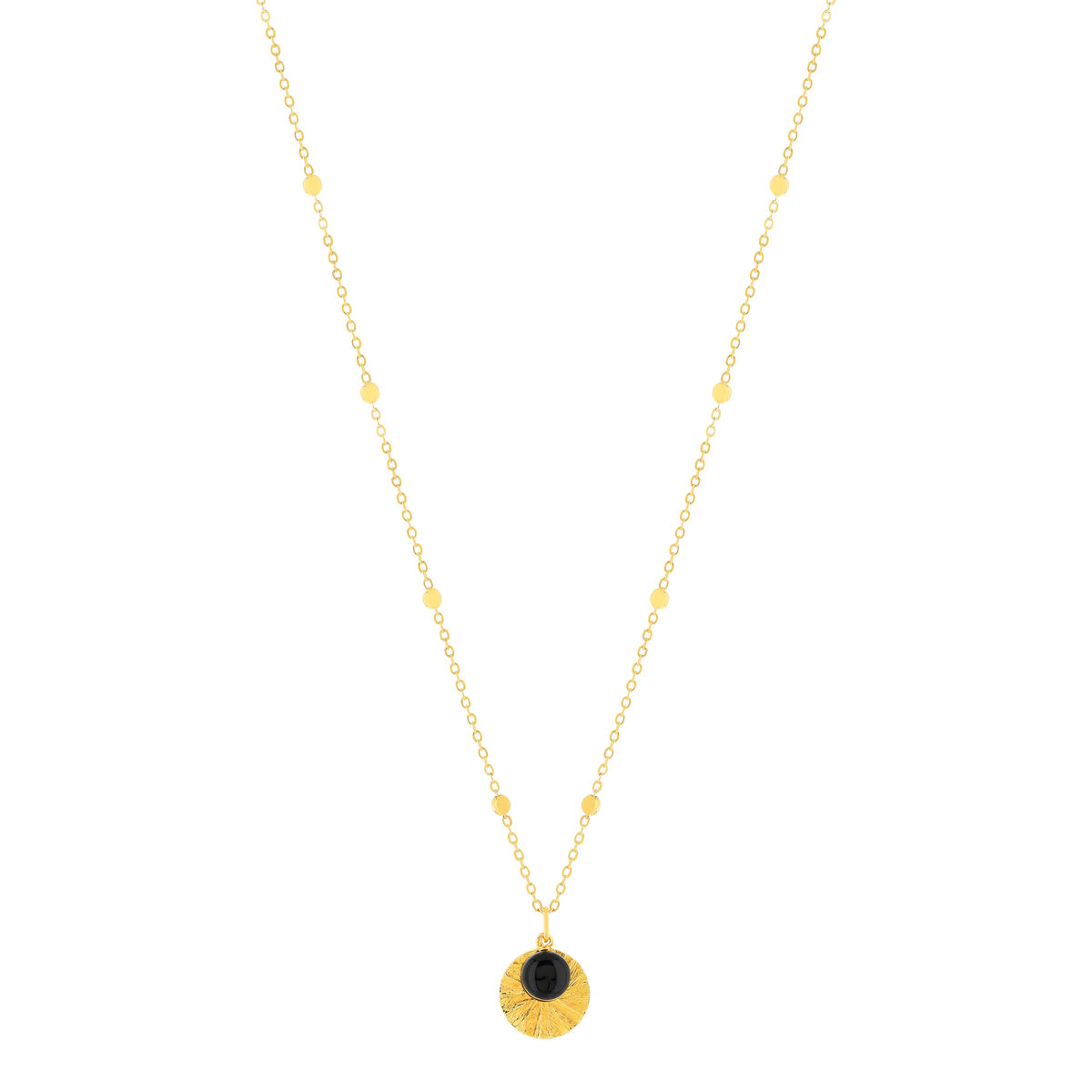 Collier plaqué or médaille strié et pampille en onyx 48 cm