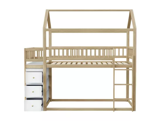 Lit enfant superposé 90 * 200 cm, avec casiers et étagères, lit bas avec échelle, couleur bois brut