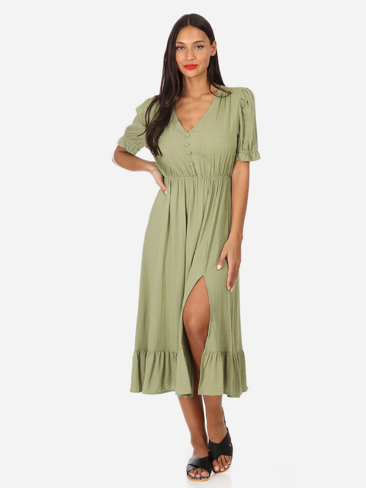 Robe longue à fente et volants- Vert