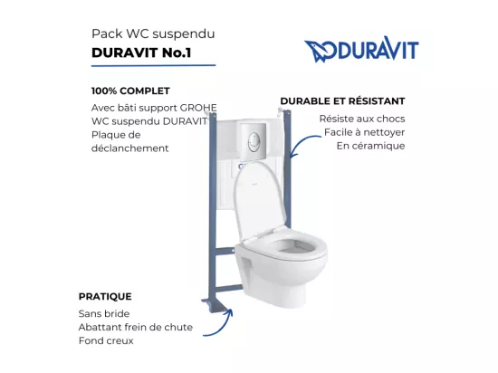 Pack WC suspendu sans bride compact DURAVIT Duravit No.1 + bâti support GROHE Rapid SL Projet + abattant + plaque chromé