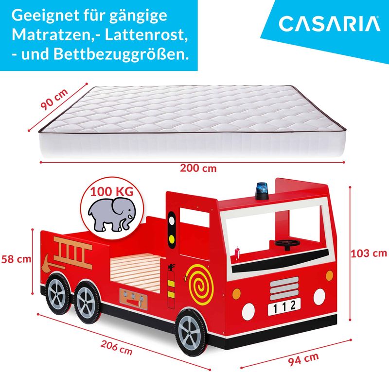 Casaria Kinderbed Brandweerauto – Incl. Lattenbodem - 200 x 90 cm