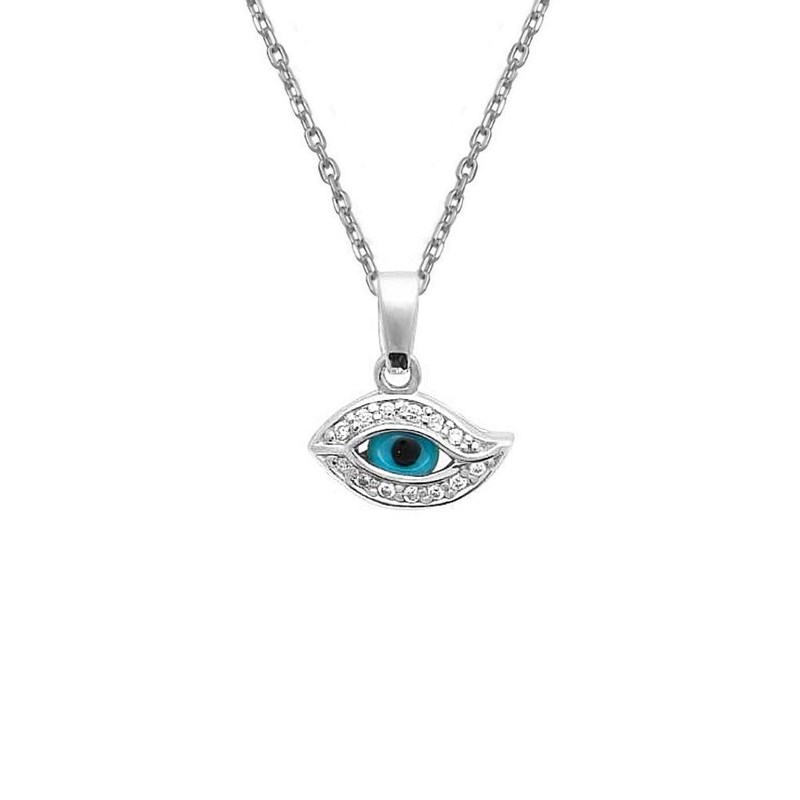 Collier oeil bleu porte bonheur protection serti d'oxydes de zirconium Argent 925 Rhodié