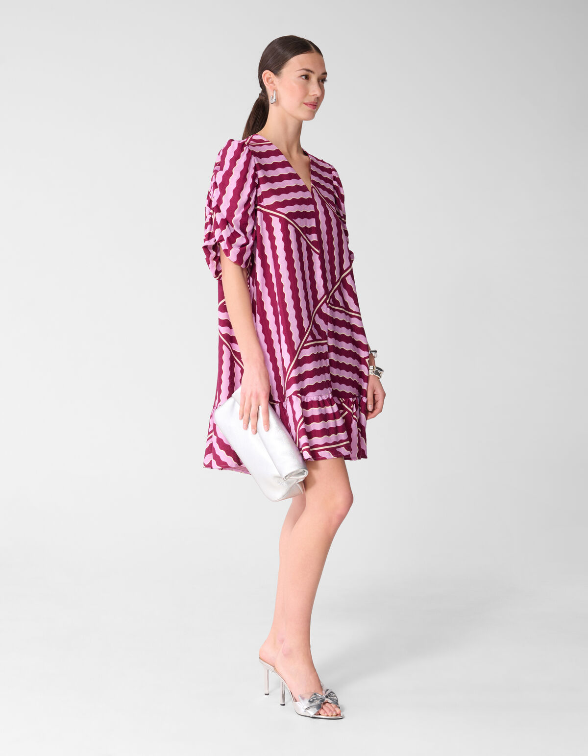 Wavy Printed Puffy Sleeve Mini Jurk Roze/Paars