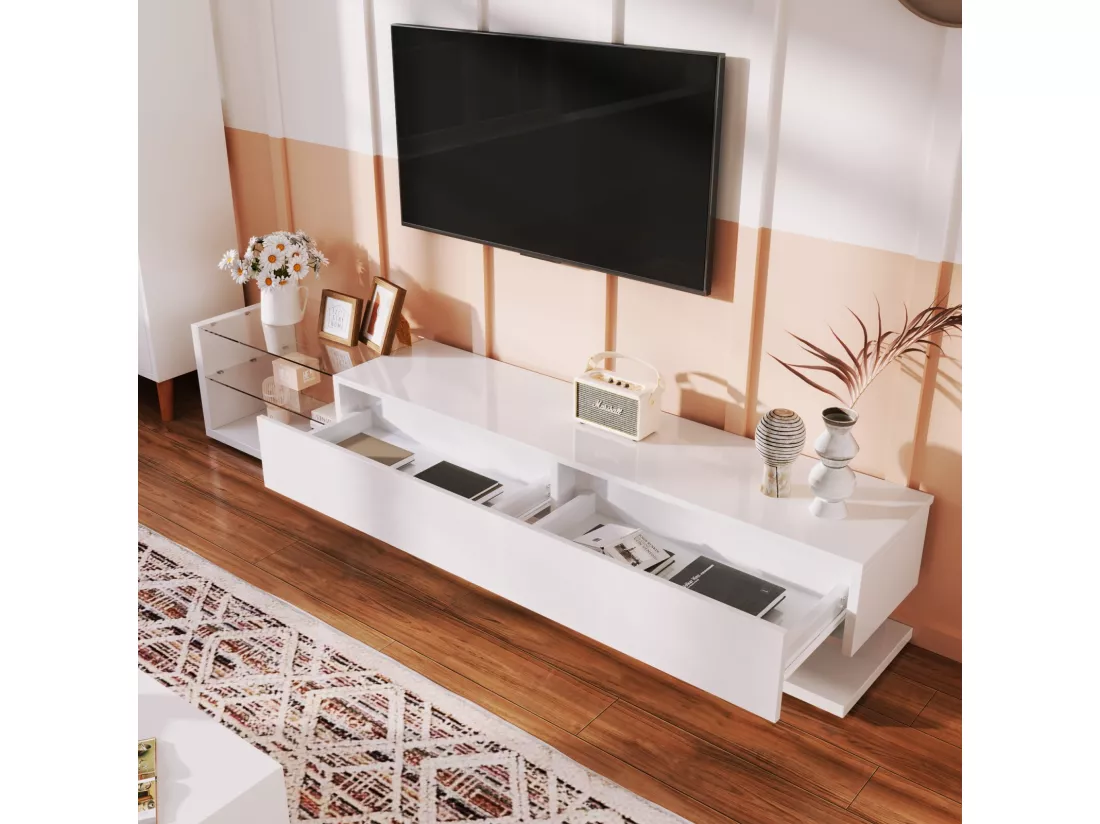 Meuble TV 2 tiroirs et 2 étagères en verre, panneaux bas, avec LED variable, charge max 50kg, 170x36x38cm, Blanc