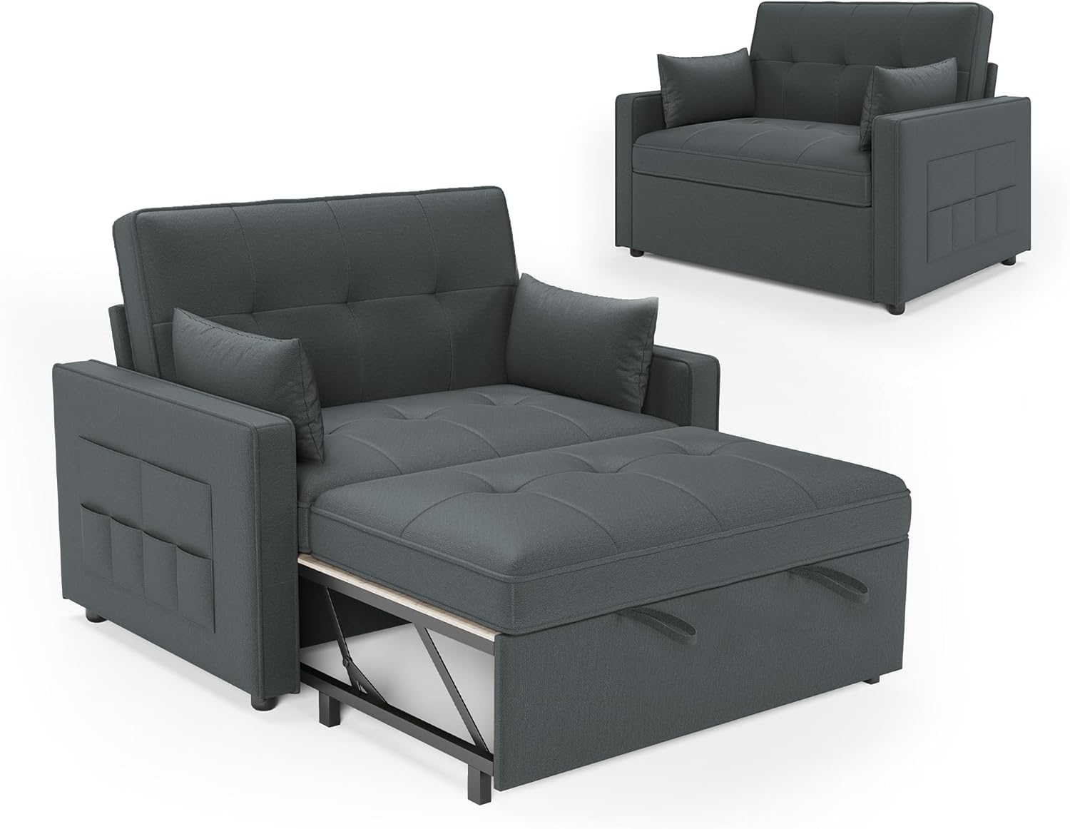 Schlafsofa 186 x 122 cm mit 5-stufig Verstellbarer Rückenlehne, 3-in-1 Schlafcouch mit Kissen und Seitentasche, graues Leinen-Sofa für Gästezimmer & kleine Räume
