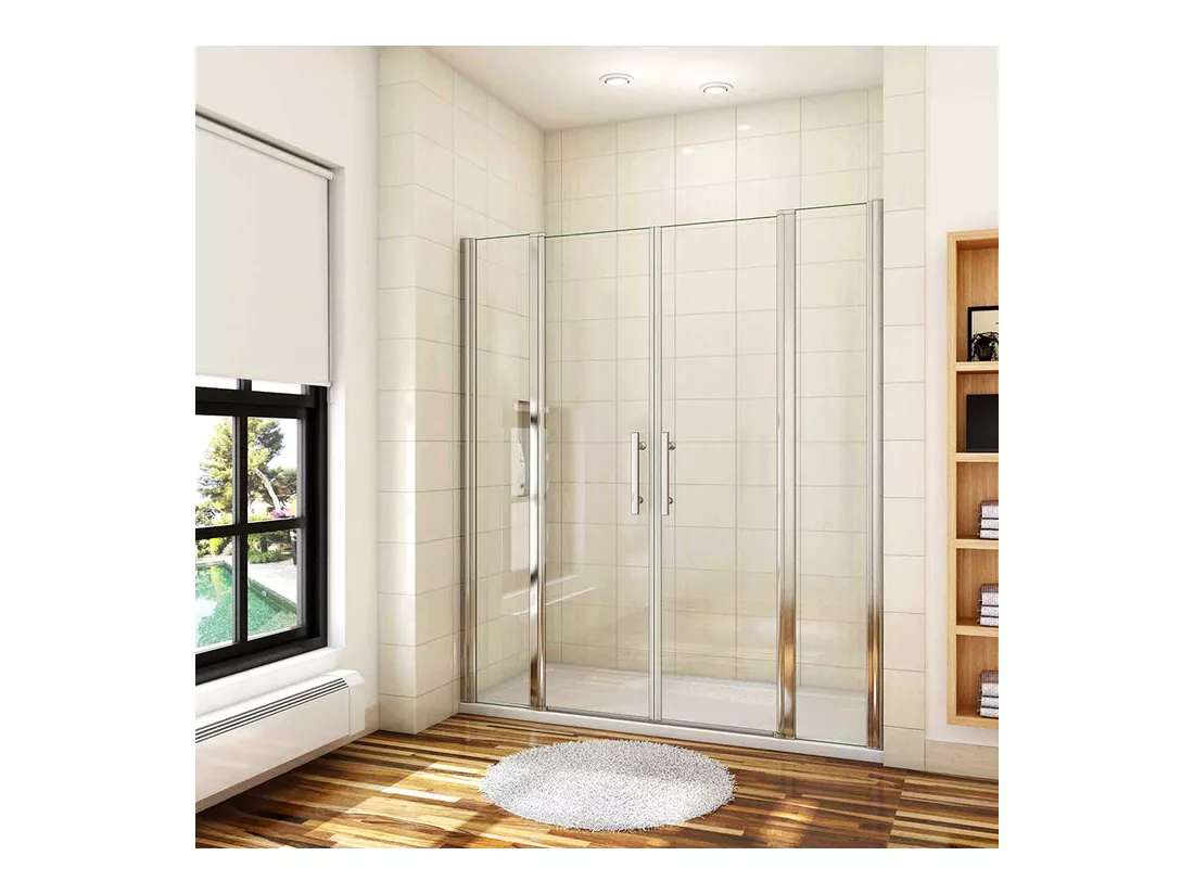 Porte de douche battante H.187cm largeur réglable 149 à 154.4cm, paroi pivotante 180° - Avec 2 éléments fixes - 6mm verre transparent