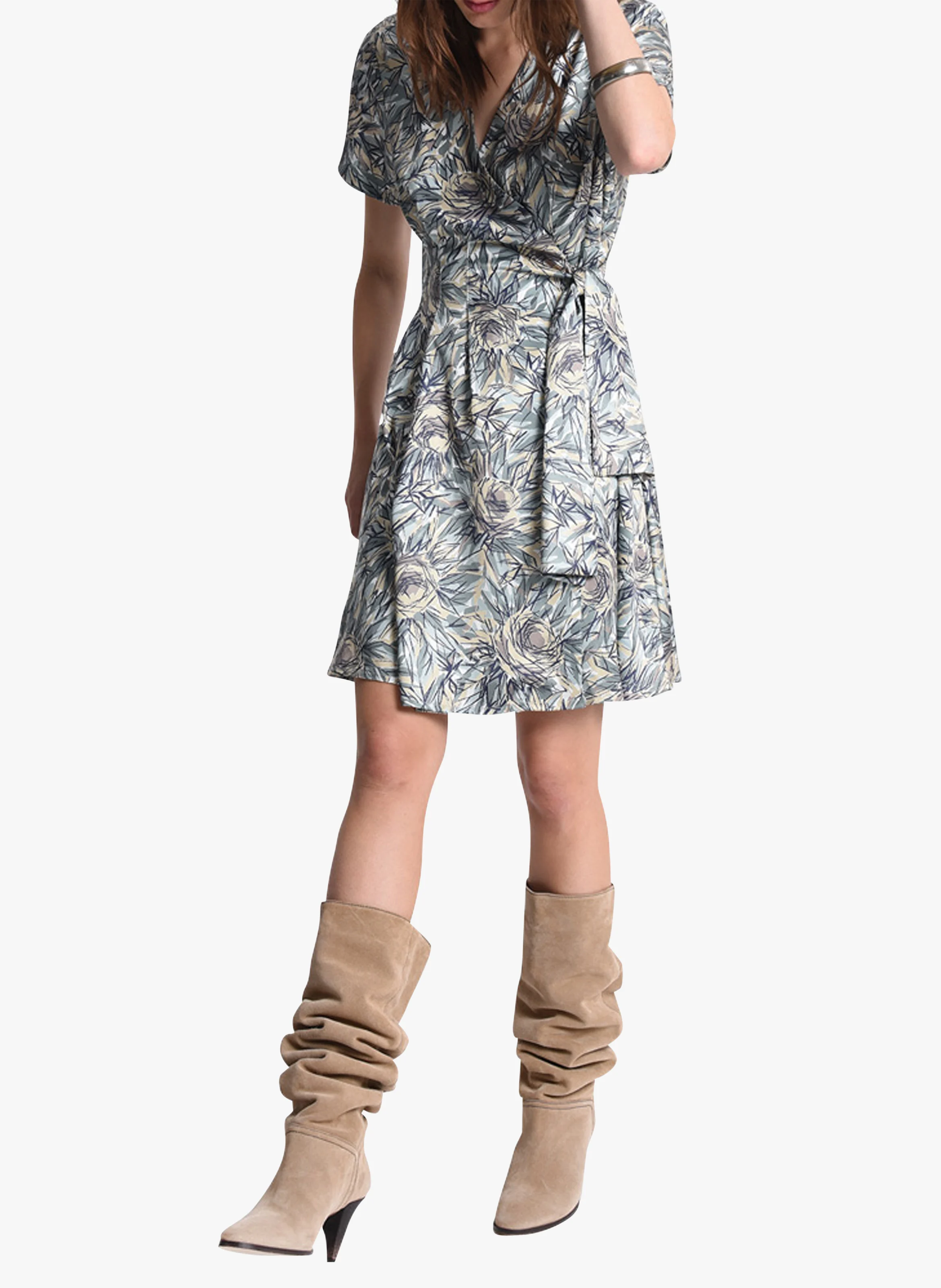 Robe courte portefeuille encolure V imprimée | Multicolore