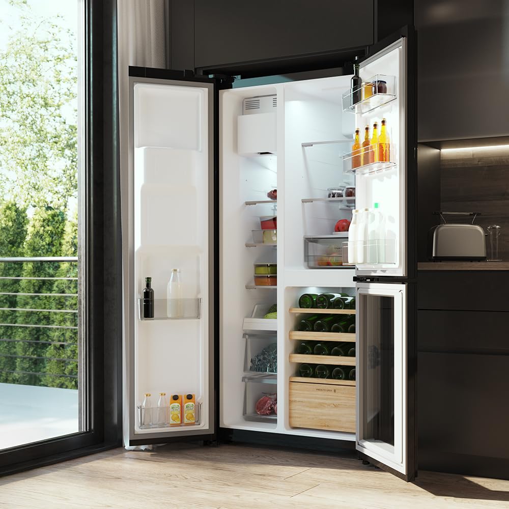 Cecotec Réfrigérateur avec 3 portes Bolero CoolMarket TDW 529 WID Black Glass E. Réfrigérateur 3 portes noir, cave à vin, 529L, Inverter Plus, Total N