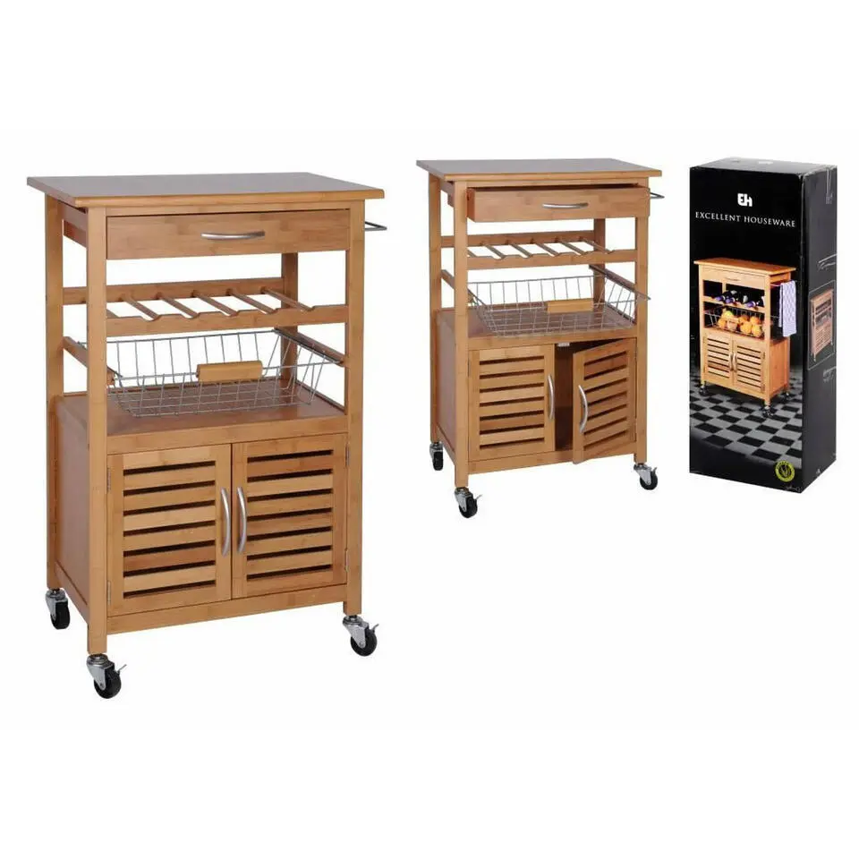 Excellent Houseware Keukentrolley - met kast - hout - 60 x 84 x 36 cm