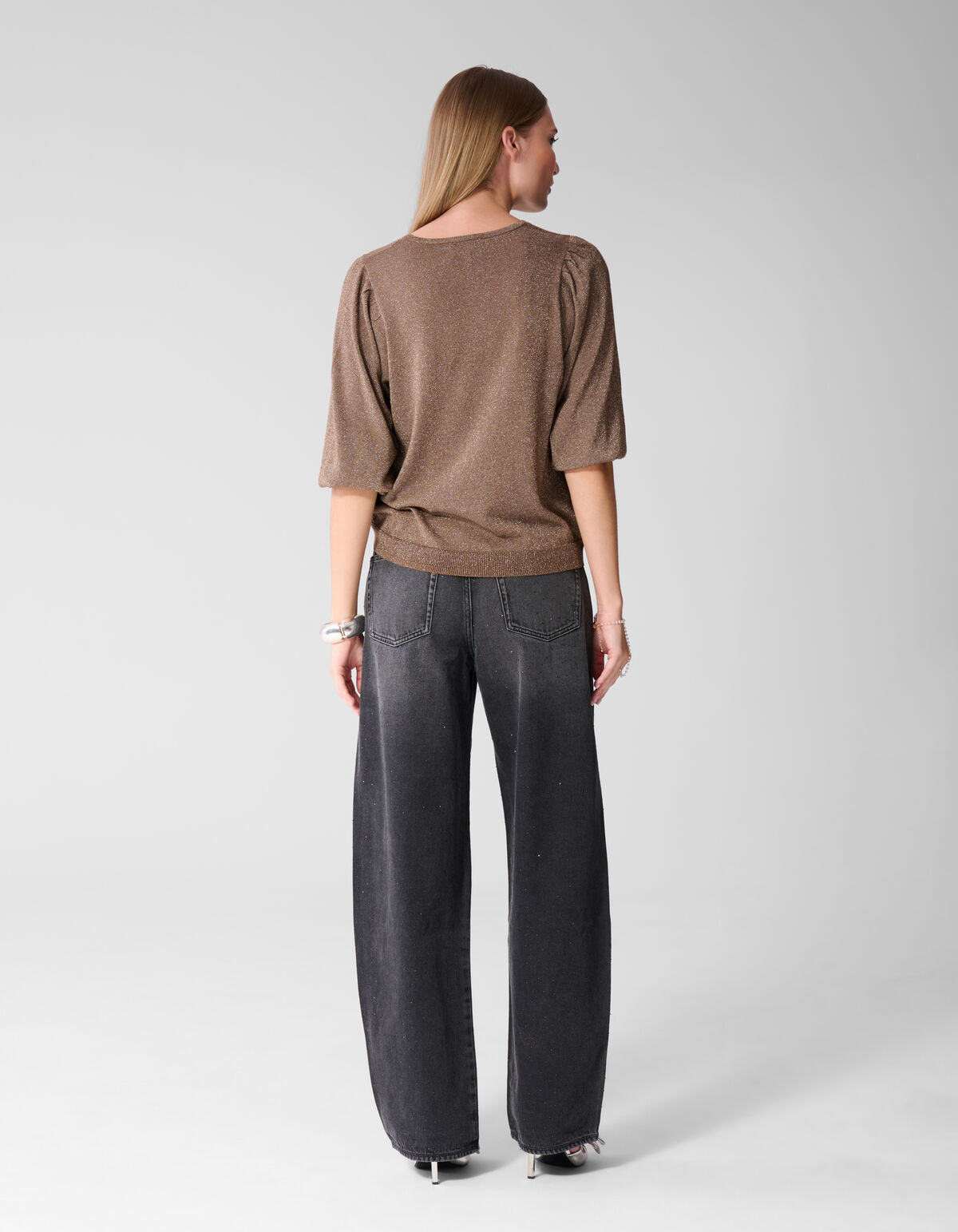 Glitter V-hals Gebreide Trui Taupe