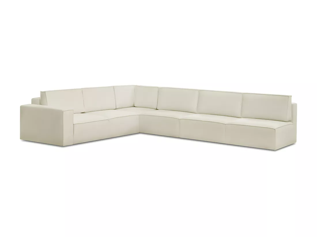 Canapé d'angle à droite convertible modulable 10 places avec coffre de rangement en tissu bouclé écru - Harper Mod