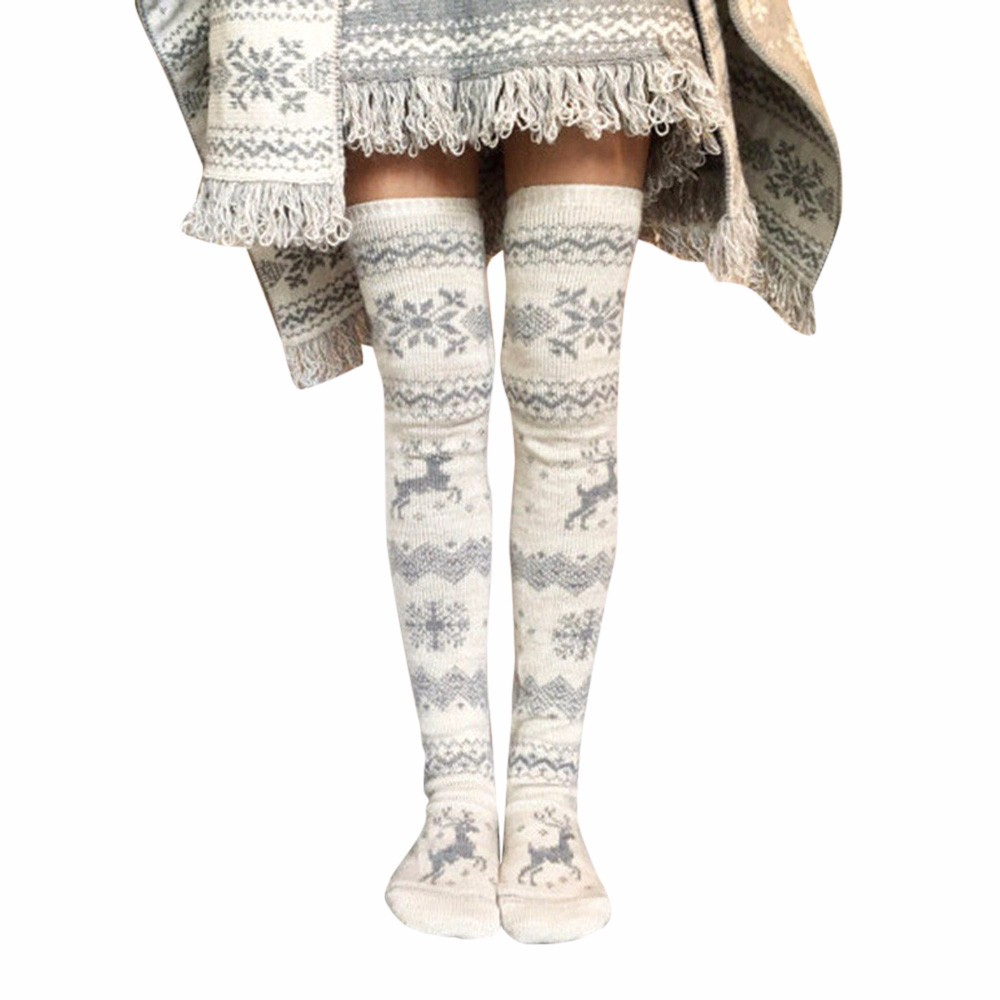 (1 Paar) Strick Knie Socken Damen Over Knee Strümpfe (One Size) - Weiss / Beige