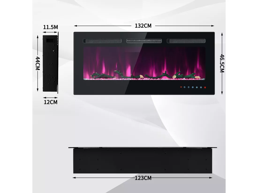 Cheminée électrique mural et encastrable 900/1800W - effet de flamme LED 3D réglable - Minuterie, thermostat, télécommande/écran tactile - Noir