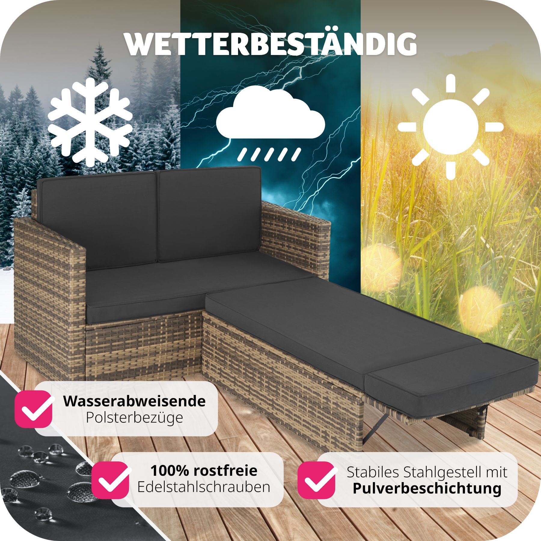 tectake® Rattan Lounge, 2-Sitzer, UV-beständig, Hocker mit klappbarer Stütze