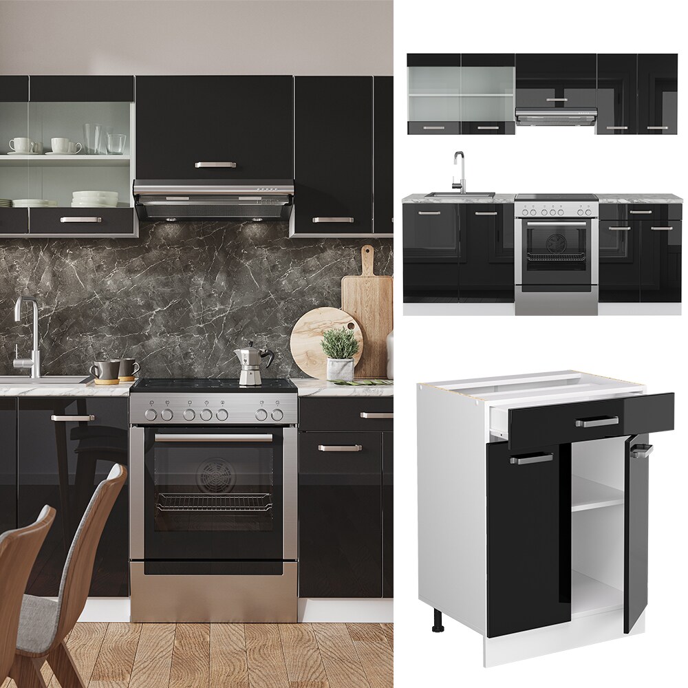 Vicco Küchenzeile R-Line Solid Weiß Schwarz 200 cm modern Küchenschränke Küchenmöbel