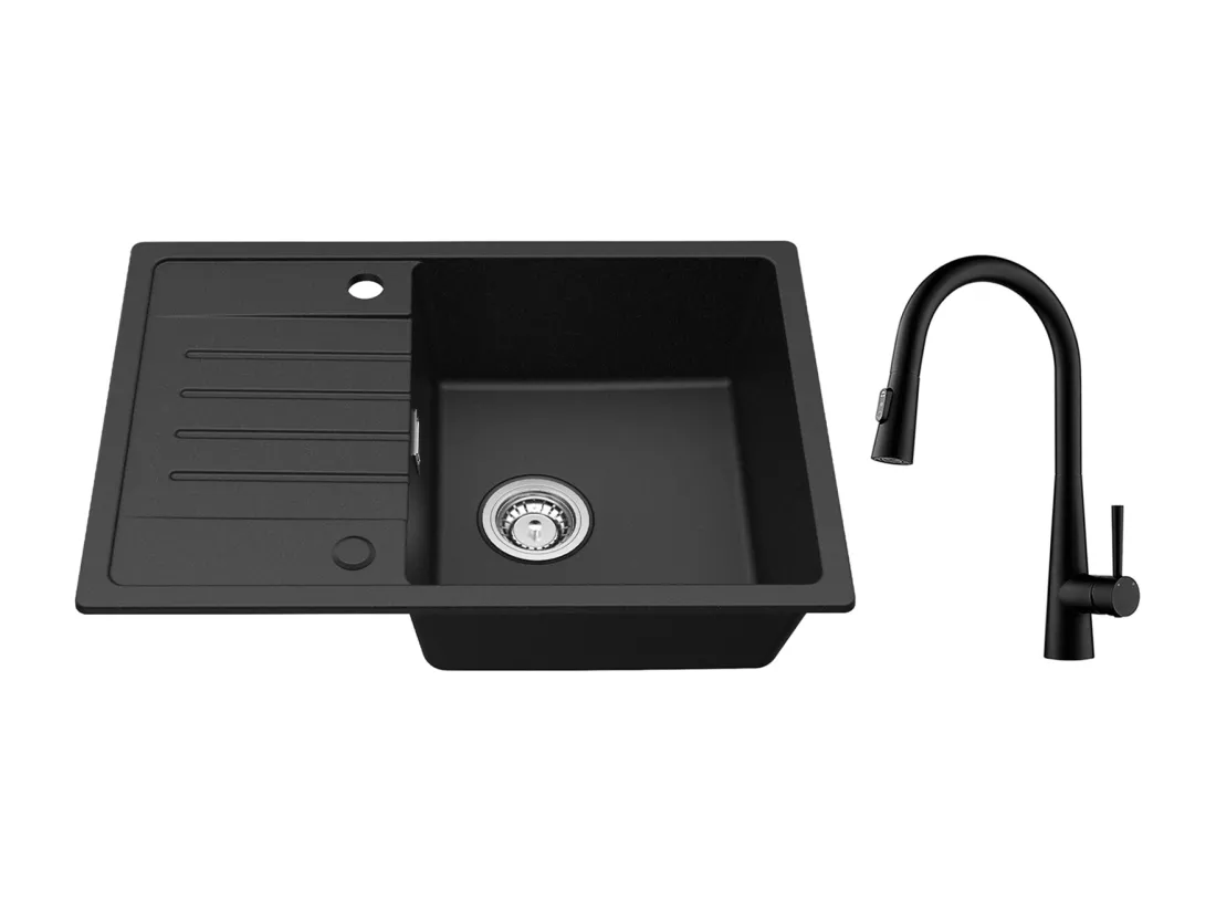 Cecipa max Evier 1 Bac avec Egouttoir, Evier en Quartz Noir 65x45cm + Mitigeur Cuisine avec Douchette Extractible, 3 Modes de Sortie D'eau, Noir