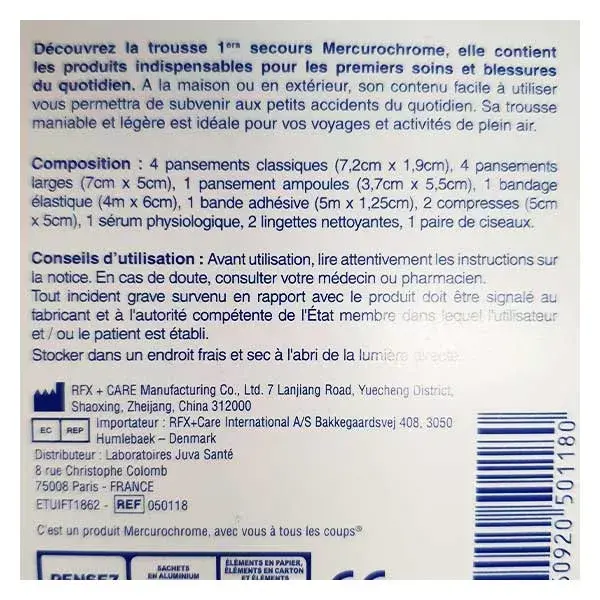 Kit de primeiros socorros para higiene e cuidados com mercurocromo