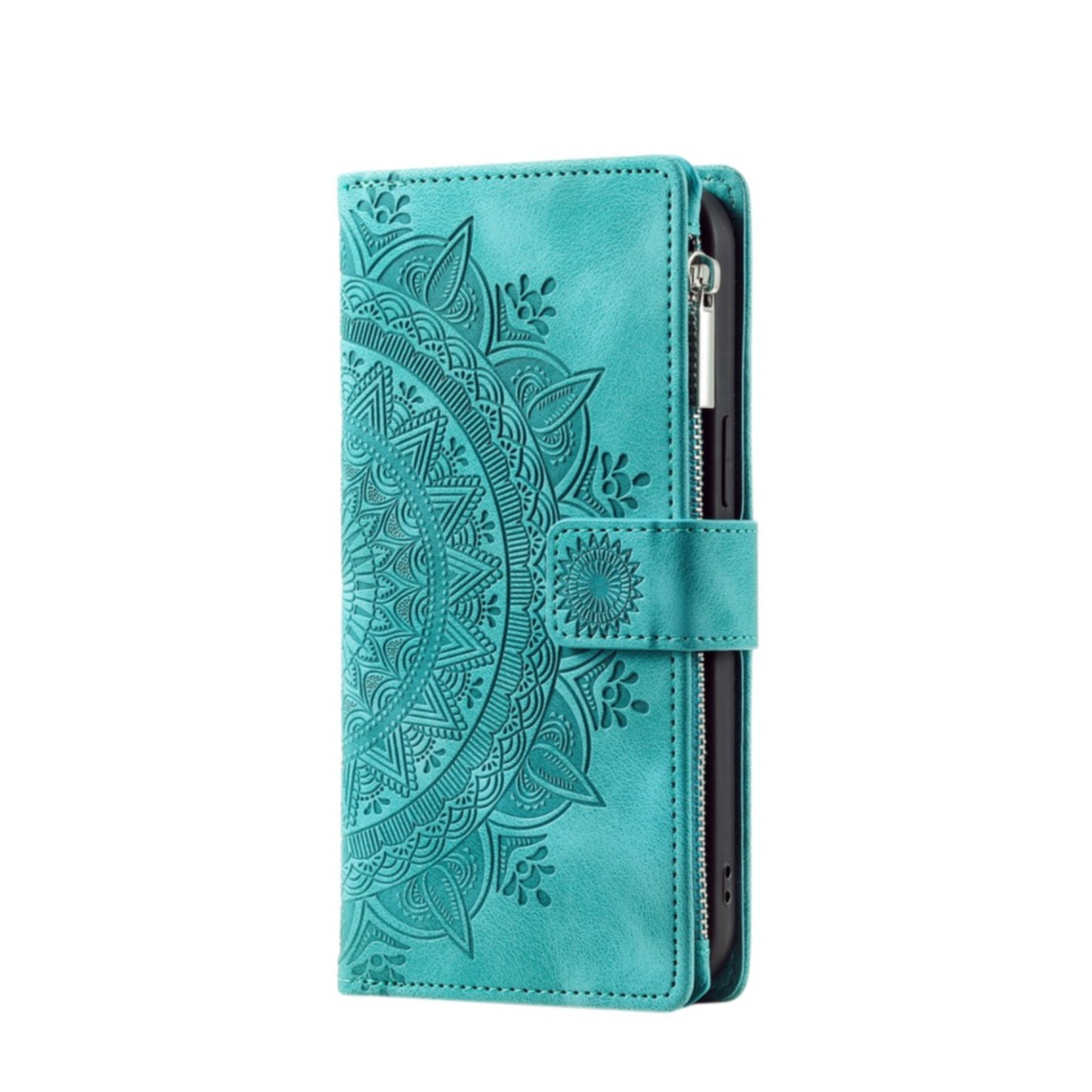 Samsung Galaxy A54 5G Leder Tasche Flip Cover mit Reissverschluss - Mandala Flowers Imprint - Türkis
