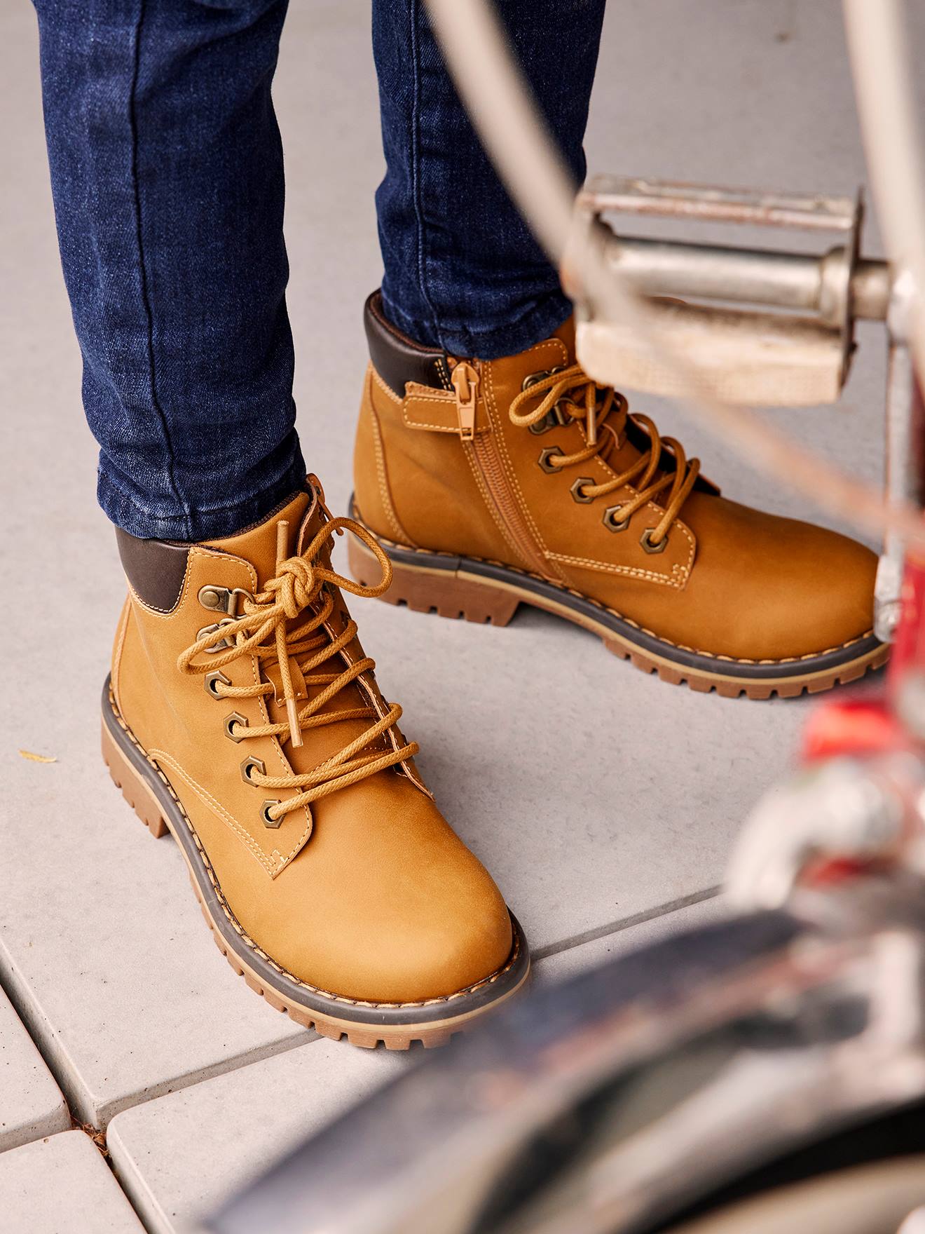 Botas de cano curto com cadarço e zíper para meninos, verde escuro liso