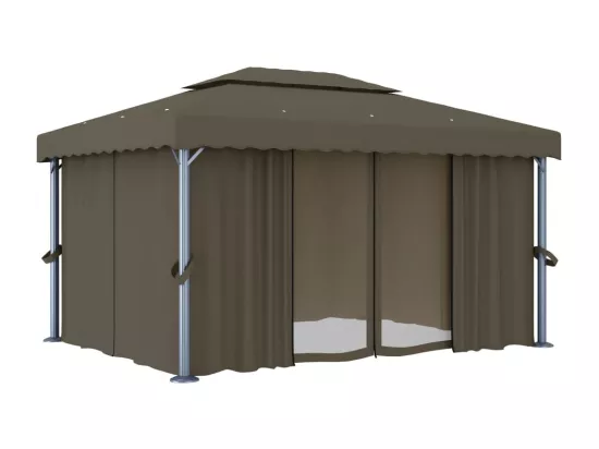 Tonnelle avec rideau et guirlande lumineuse à LED 4x3 m Taupe