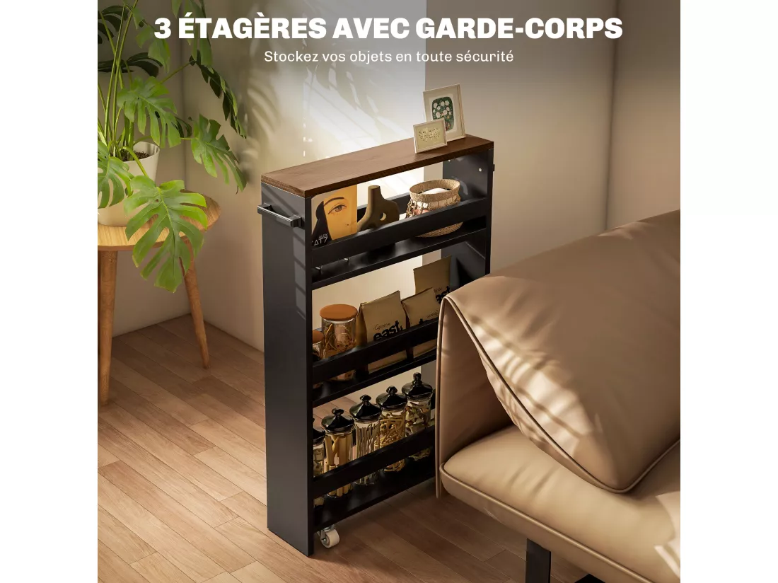 Chariot de rangement desserte à roulettes avec 3 niveaux de rangement et poignée, dim. 51,5l x 13P x 80H cm, noir
