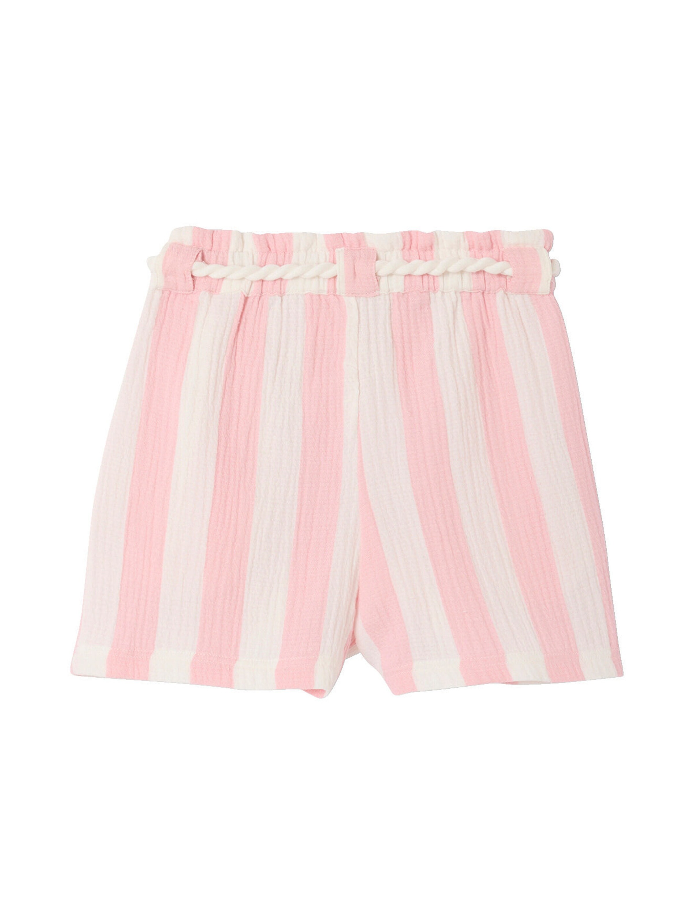 Vertbaudet Mädchen Musselin-Shorts mit breiten Streifen und Bindegürtel bonbon rosa