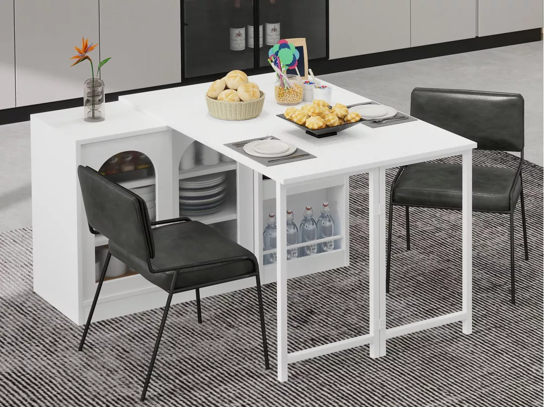 Ilot central de cuisine - avec plateau escamotable pivotante - avec portes vitrées et espace de rangement - MDF - Blanc
